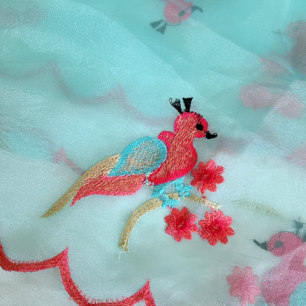Large scarf or sari organza nylon material with embroidered birds.